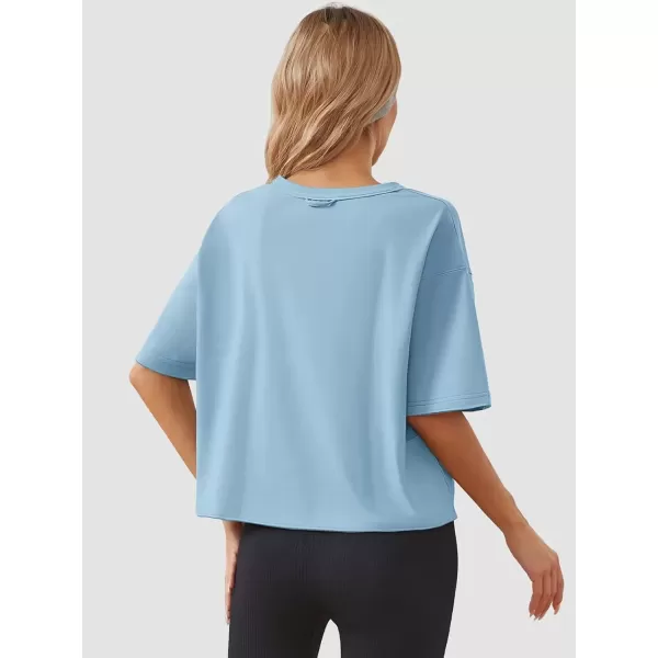 imageWomens Oversize Workout Crop Tops Casual Short Sleeve Drop Shoulder Boxy TShirts Roll Hem Basic Loose Yoga Running TeesSkyblue