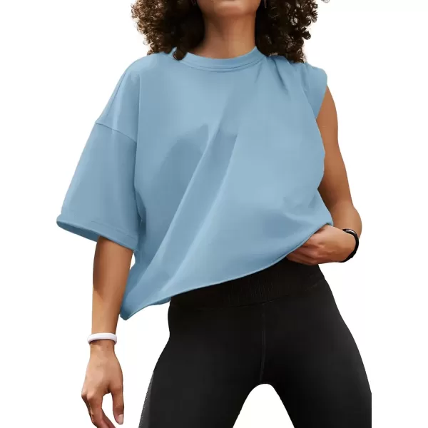 imageWomens Oversize Workout Crop Tops Casual Short Sleeve Drop Shoulder Boxy TShirts Roll Hem Basic Loose Yoga Running TeesSkyblue