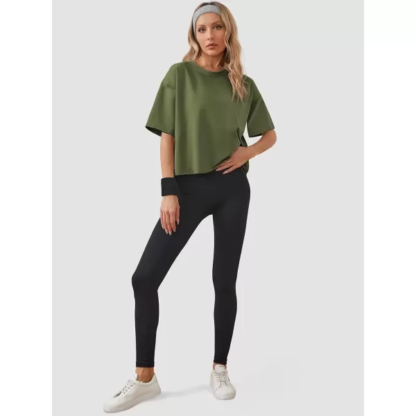 imageWomens Oversize Workout Crop Tops Casual Short Sleeve Drop Shoulder Boxy TShirts Roll Hem Basic Loose Yoga Running TeesArmygreen
