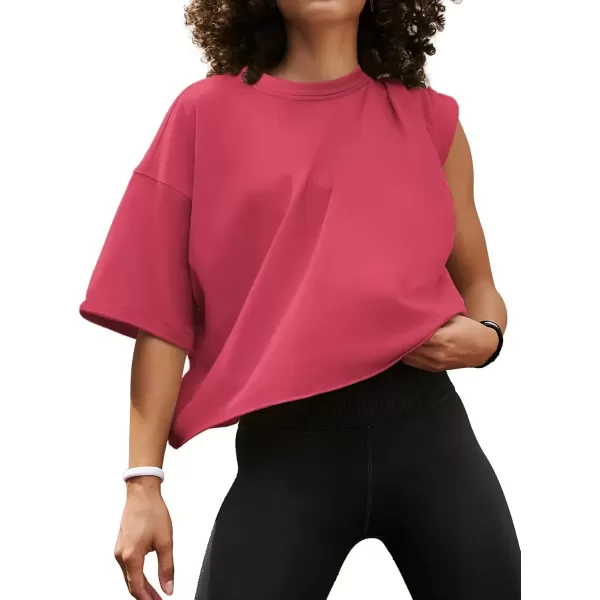 imageWomens Oversize Workout Crop Tops Casual Short Sleeve Drop Shoulder Boxy TShirts Roll Hem Basic Loose Yoga Running TeesHotpink