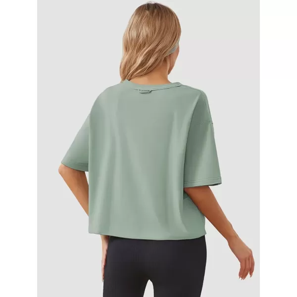 imageWomens Oversize Workout Crop Tops Casual Short Sleeve Drop Shoulder Boxy TShirts Roll Hem Basic Loose Yoga Running TeesSage