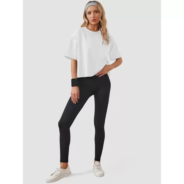 imageWomens Oversize Workout Crop Tops Casual Short Sleeve Drop Shoulder Boxy TShirts Roll Hem Basic Loose Yoga Running TeesWhite