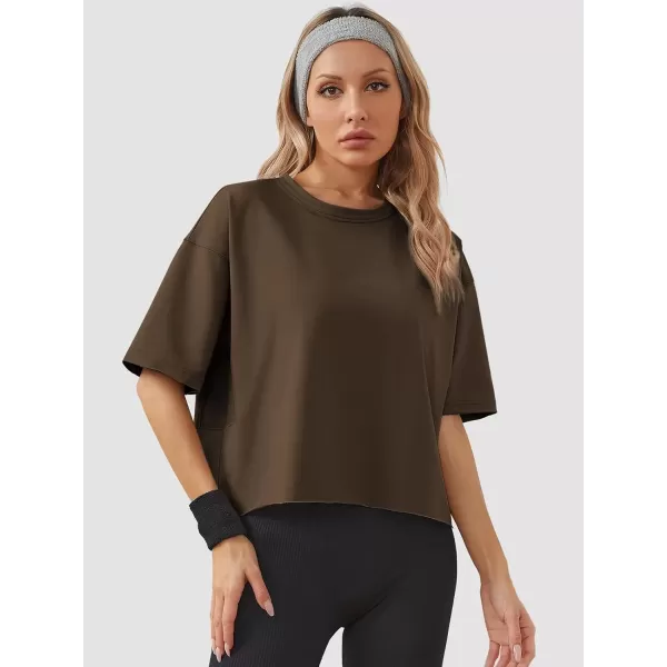 imageWomens Oversize Workout Crop Tops Casual Short Sleeve Drop Shoulder Boxy TShirts Roll Hem Basic Loose Yoga Running TeesBrown