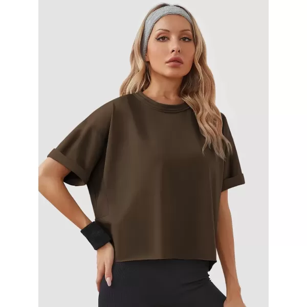 imageWomens Oversize Workout Crop Tops Casual Short Sleeve Drop Shoulder Boxy TShirts Roll Hem Basic Loose Yoga Running TeesBrown