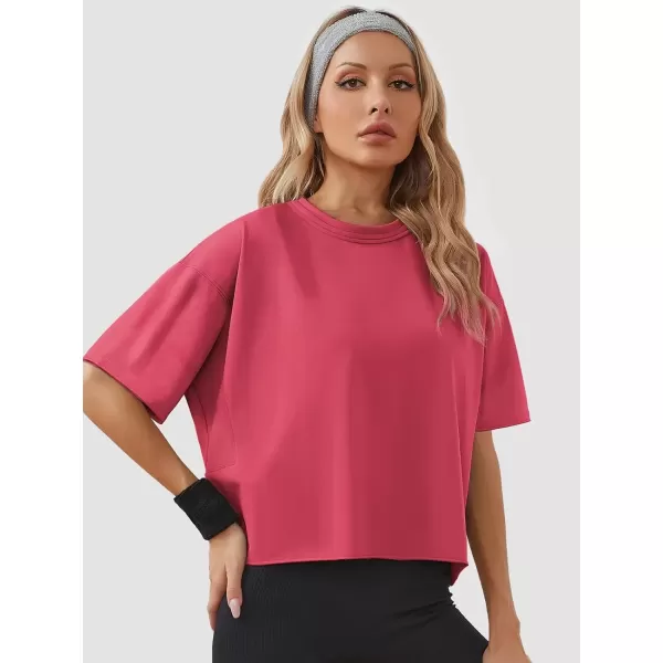 imageWomens Oversize Workout Crop Tops Casual Short Sleeve Drop Shoulder Boxy TShirts Roll Hem Basic Loose Yoga Running TeesHotpink