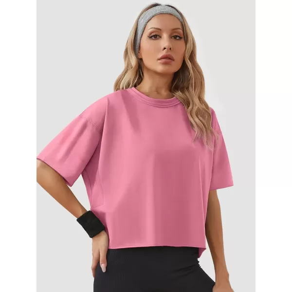 imageWomens Oversize Workout Crop Tops Casual Short Sleeve Drop Shoulder Boxy TShirts Roll Hem Basic Loose Yoga Running TeesPink