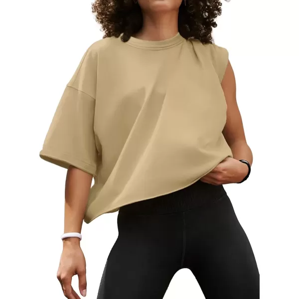 imageWomens Oversize Workout Crop Tops Casual Short Sleeve Drop Shoulder Boxy TShirts Roll Hem Basic Loose Yoga Running TeesLightkhaki
