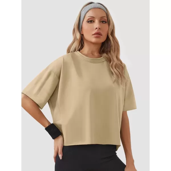 imageWomens Oversize Workout Crop Tops Casual Short Sleeve Drop Shoulder Boxy TShirts Roll Hem Basic Loose Yoga Running TeesLightkhaki