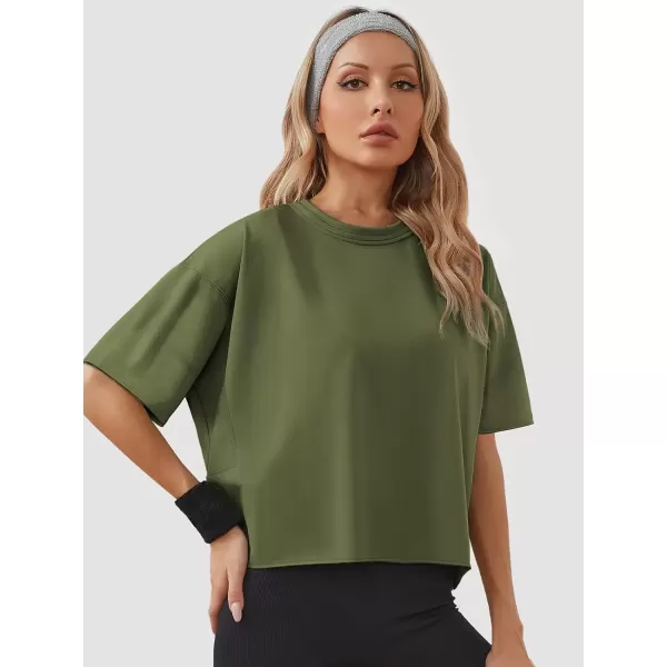imageWomens Oversize Workout Crop Tops Casual Short Sleeve Drop Shoulder Boxy TShirts Roll Hem Basic Loose Yoga Running TeesArmygreen