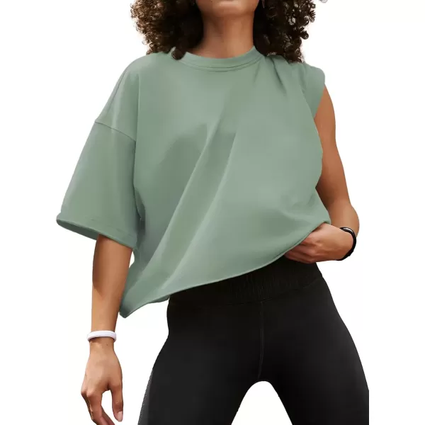 imageWomens Oversize Workout Crop Tops Casual Short Sleeve Drop Shoulder Boxy TShirts Roll Hem Basic Loose Yoga Running TeesSage