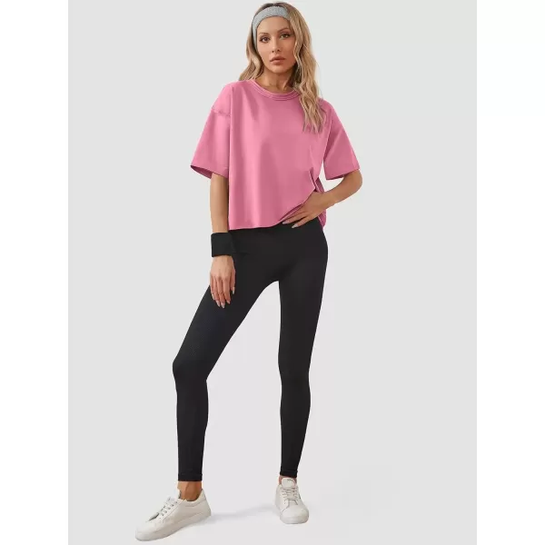 imageWomens Oversize Workout Crop Tops Casual Short Sleeve Drop Shoulder Boxy TShirts Roll Hem Basic Loose Yoga Running TeesPink