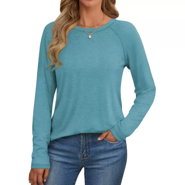 imageATHMILE Long Sleeve Shirts for Women Fall Outfit 2024 Fashion Casual T Shirt Round Neck Basic Loose Tunic TopsBlue Green