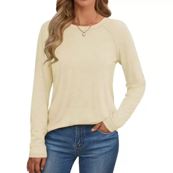 imageATHMILE Long Sleeve Shirts for Women Fall Outfit 2024 Fashion Casual T Shirt Round Neck Basic Loose Tunic TopsCream