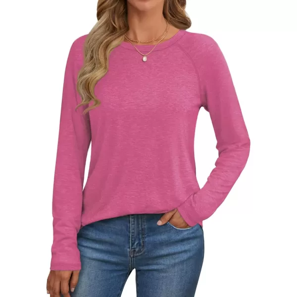 imageATHMILE Long Sleeve Shirts for Women Fall Outfit 2024 Fashion Casual T Shirt Round Neck Basic Loose Tunic TopsHot Pink
