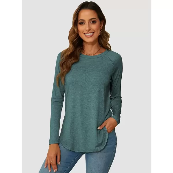 imageATHMILE Long Sleeve Shirts for Women Fall Outfit 2024 Fashion Casual T Shirt Round Neck Basic Loose Tunic TopsPeacock Green