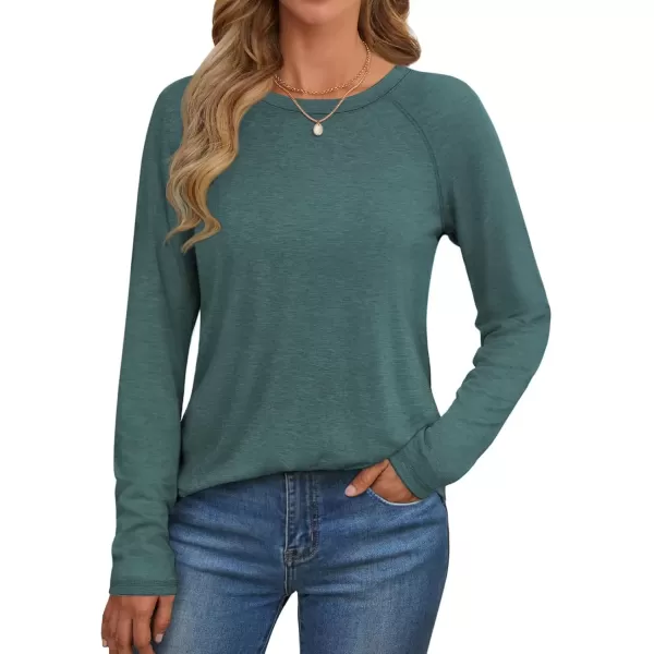 imageATHMILE Long Sleeve Shirts for Women Fall Outfit 2024 Fashion Casual T Shirt Round Neck Basic Loose Tunic TopsPeacock Green