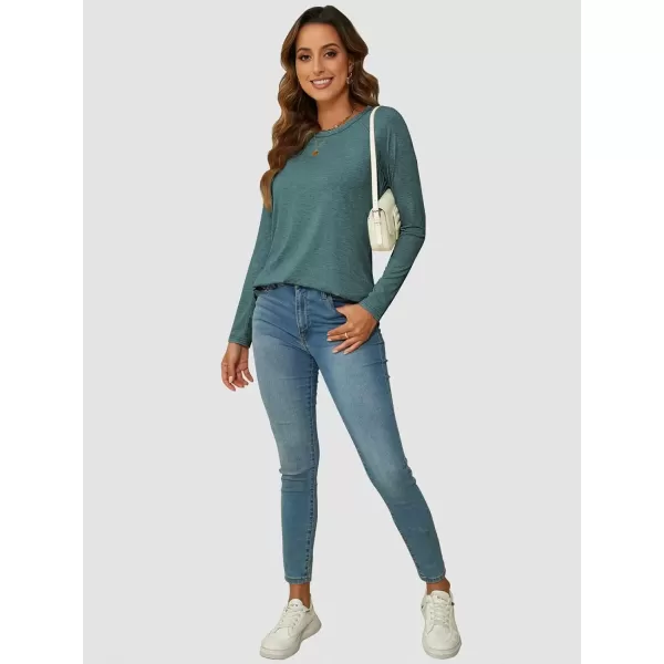 imageATHMILE Long Sleeve Shirts for Women Fall Outfit 2024 Fashion Casual T Shirt Round Neck Basic Loose Tunic TopsPeacock Green