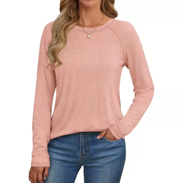 imageATHMILE Long Sleeve Shirts for Women Fall Outfit 2024 Fashion Casual T Shirt Round Neck Basic Loose Tunic TopsPink