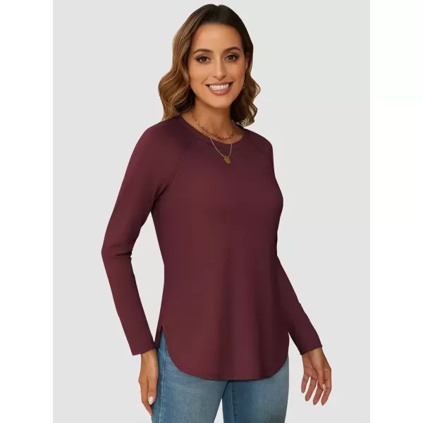 imageATHMILE Long Sleeve Shirts for Women Fall Outfit 2024 Fashion Casual T Shirt Round Neck Basic Loose Tunic TopsWine Red