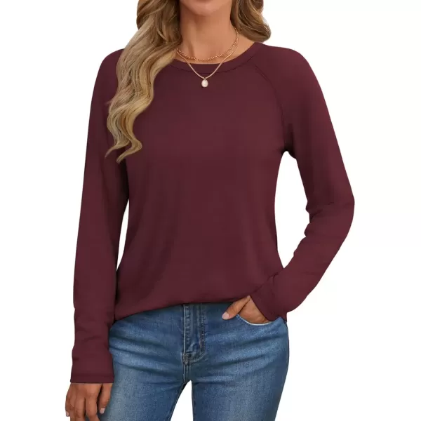 imageATHMILE Long Sleeve Shirts for Women Fall Outfit 2024 Fashion Casual T Shirt Round Neck Basic Loose Tunic TopsWine Red