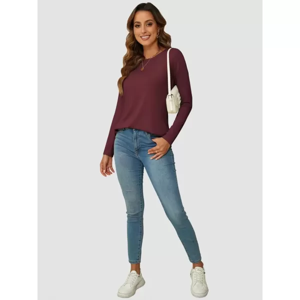 imageATHMILE Long Sleeve Shirts for Women Fall Outfit 2024 Fashion Casual T Shirt Round Neck Basic Loose Tunic TopsWine Red