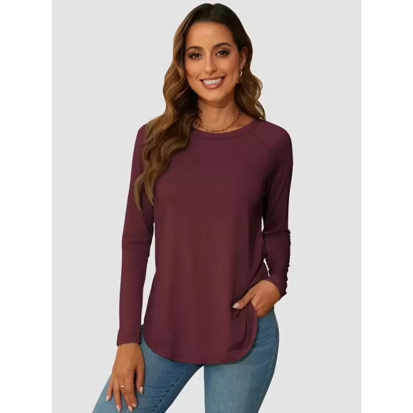 imageATHMILE Long Sleeve Shirts for Women Fall Outfit 2024 Fashion Casual T Shirt Round Neck Basic Loose Tunic TopsWine Red