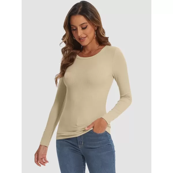 imageATHMILE Womens Long Sleeve Crewneck Ribbed Tops Fitted Stretch Casual Basic T Shirts 2024Beige