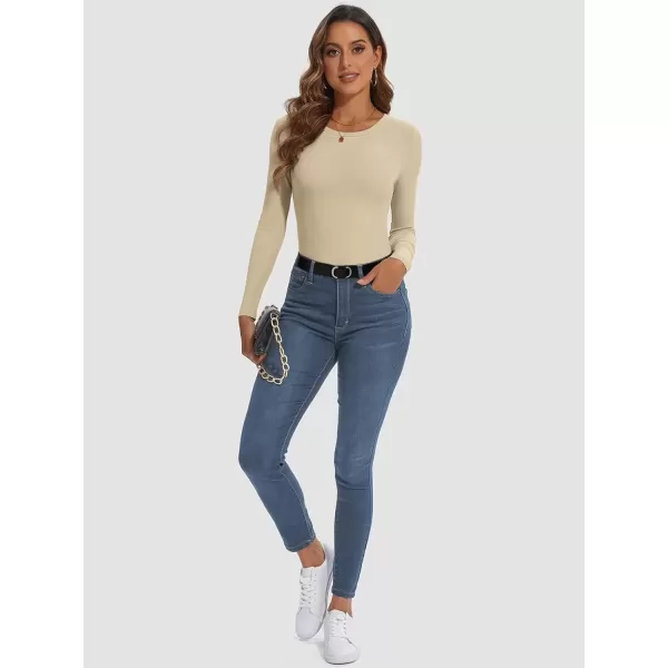imageATHMILE Womens Long Sleeve Crewneck Ribbed Tops Fitted Stretch Casual Basic T Shirts 2024Beige
