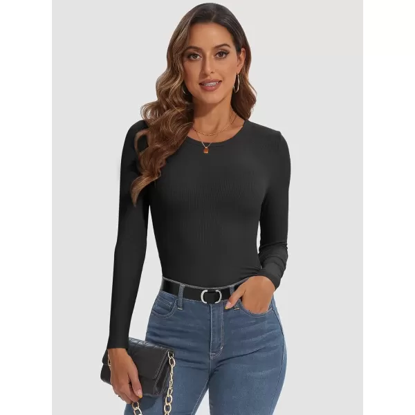 imageATHMILE Womens Long Sleeve Crewneck Ribbed Tops Fitted Stretch Casual Basic T Shirts 2024Black