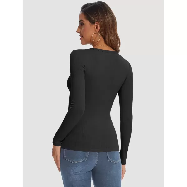 imageATHMILE Womens Long Sleeve Crewneck Ribbed Tops Fitted Stretch Casual Basic T Shirts 2024Black