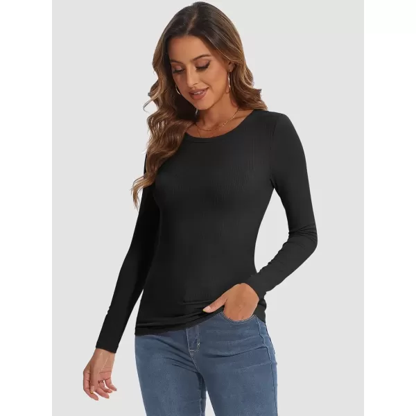 imageATHMILE Womens Long Sleeve Crewneck Ribbed Tops Fitted Stretch Casual Basic T Shirts 2024Black