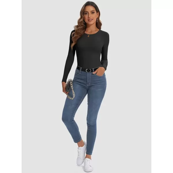 imageATHMILE Womens Long Sleeve Crewneck Ribbed Tops Fitted Stretch Casual Basic T Shirts 2024Black