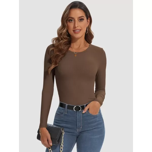 imageATHMILE Womens Long Sleeve Crewneck Ribbed Tops Fitted Stretch Casual Basic T Shirts 2024Brown