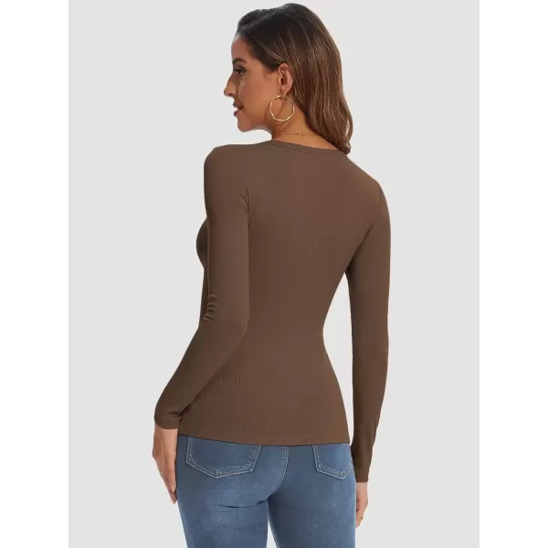 imageATHMILE Womens Long Sleeve Crewneck Ribbed Tops Fitted Stretch Casual Basic T Shirts 2024Brown