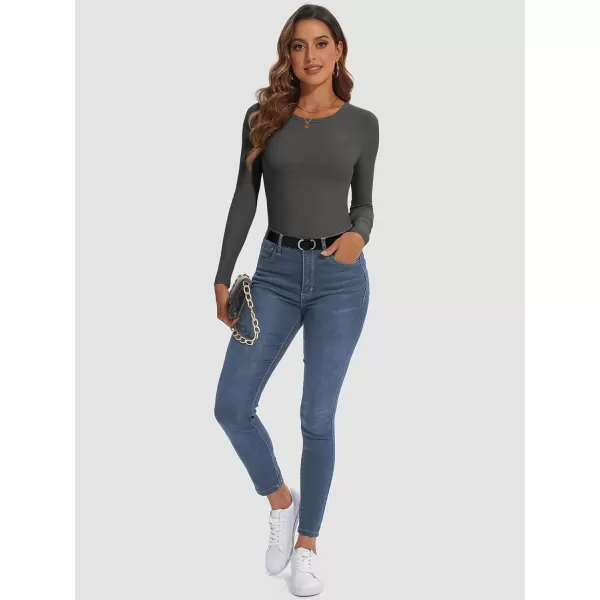 imageATHMILE Womens Long Sleeve Crewneck Ribbed Tops Fitted Stretch Casual Basic T Shirts 2024Charcoal Grey