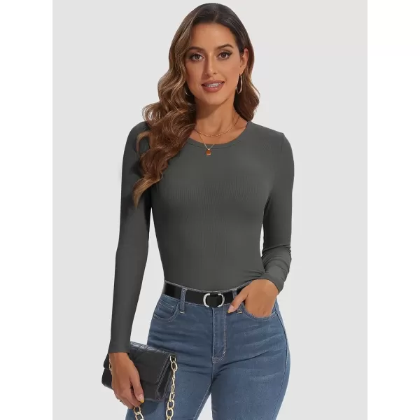 imageATHMILE Womens Long Sleeve Crewneck Ribbed Tops Fitted Stretch Casual Basic T Shirts 2024Charcoal Grey