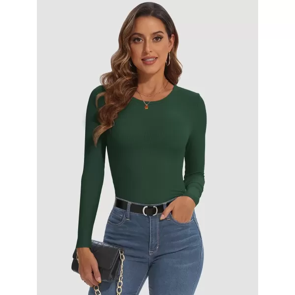 imageATHMILE Womens Long Sleeve Crewneck Ribbed Tops Fitted Stretch Casual Basic T Shirts 2024Dark Green