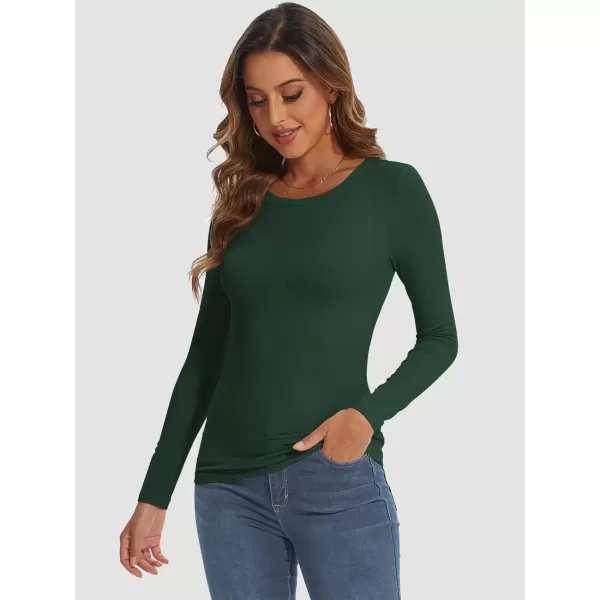 imageATHMILE Womens Long Sleeve Crewneck Ribbed Tops Fitted Stretch Casual Basic T Shirts 2024Dark Green