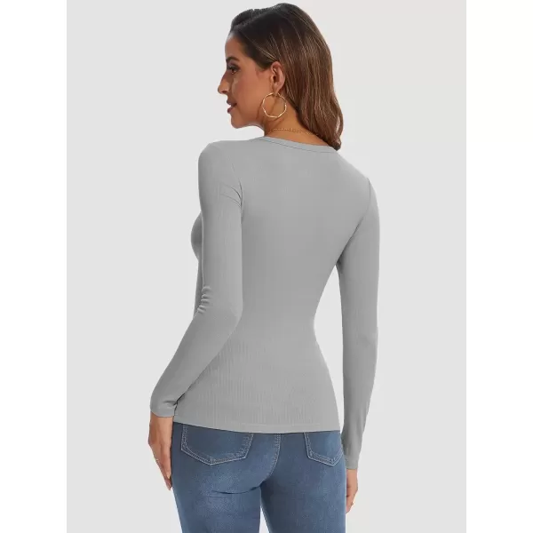 imageATHMILE Womens Long Sleeve Crewneck Ribbed Tops Fitted Stretch Casual Basic T Shirts 2024Grey