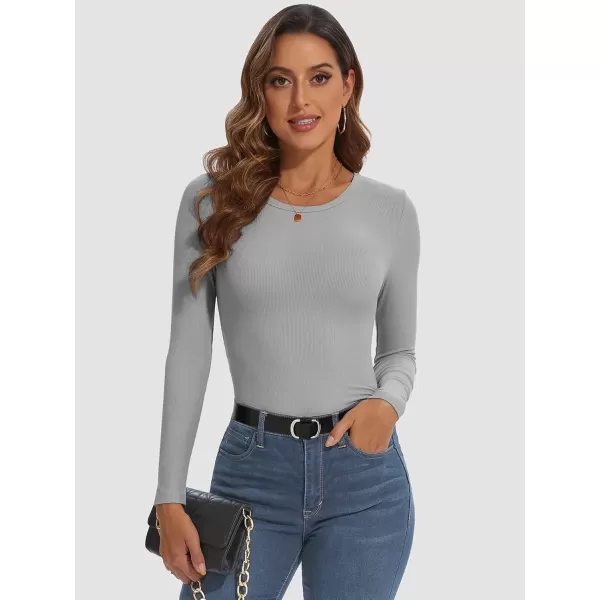 imageATHMILE Womens Long Sleeve Crewneck Ribbed Tops Fitted Stretch Casual Basic T Shirts 2024Grey
