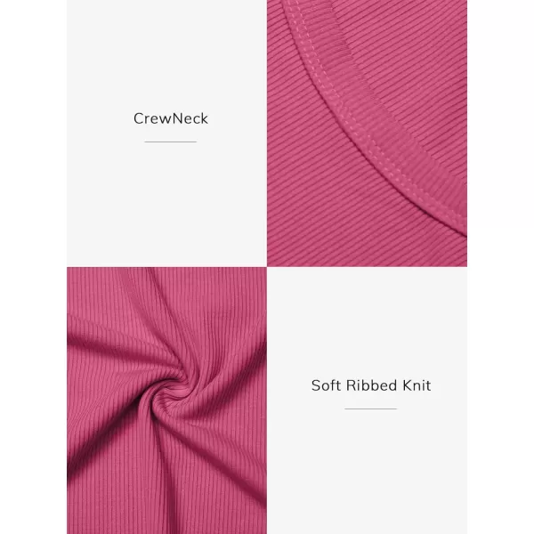 imageATHMILE Womens Long Sleeve Crewneck Ribbed Tops Fitted Stretch Casual Basic T Shirts 2024Hot Pink