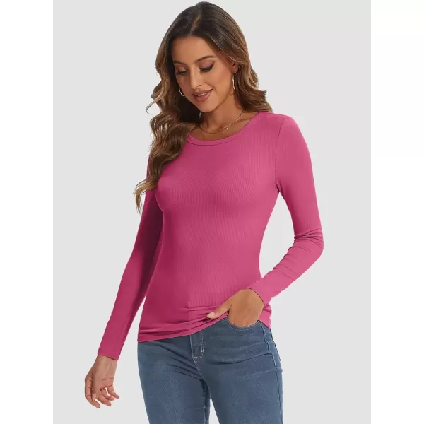 imageATHMILE Womens Long Sleeve Crewneck Ribbed Tops Fitted Stretch Casual Basic T Shirts 2024Hot Pink