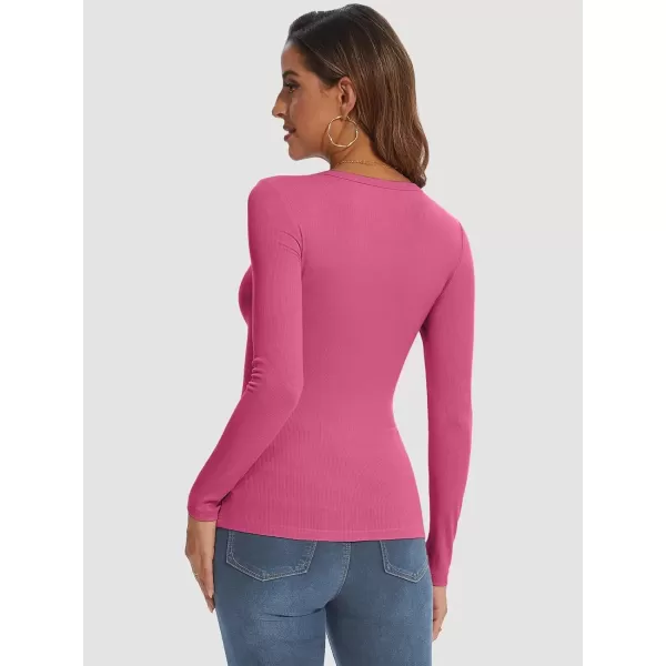 imageATHMILE Womens Long Sleeve Crewneck Ribbed Tops Fitted Stretch Casual Basic T Shirts 2024Hot Pink