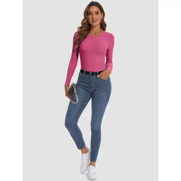 imageATHMILE Womens Long Sleeve Crewneck Ribbed Tops Fitted Stretch Casual Basic T Shirts 2024Hot Pink