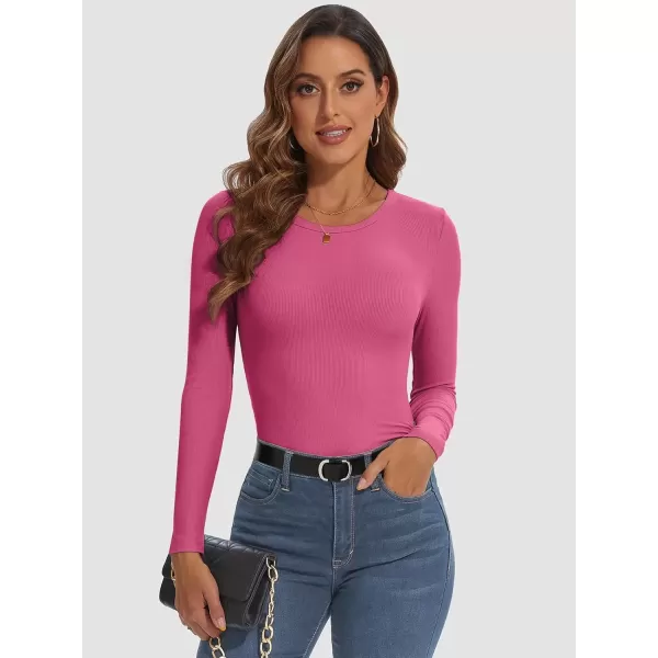 imageATHMILE Womens Long Sleeve Crewneck Ribbed Tops Fitted Stretch Casual Basic T Shirts 2024Hot Pink