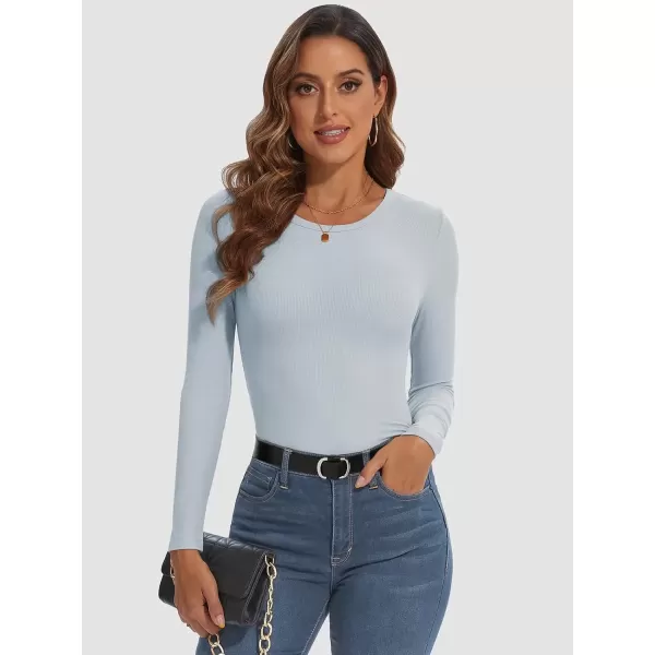 imageATHMILE Womens Long Sleeve Crewneck Ribbed Tops Fitted Stretch Casual Basic T Shirts 2024Light Blue