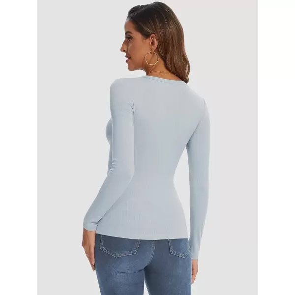 imageATHMILE Womens Long Sleeve Crewneck Ribbed Tops Fitted Stretch Casual Basic T Shirts 2024Light Blue