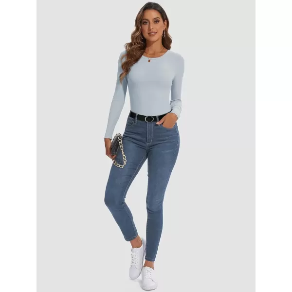 imageATHMILE Womens Long Sleeve Crewneck Ribbed Tops Fitted Stretch Casual Basic T Shirts 2024Light Blue