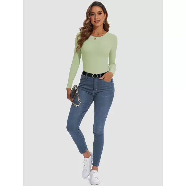 imageATHMILE Womens Long Sleeve Crewneck Ribbed Tops Fitted Stretch Casual Basic T Shirts 2024Mint Green