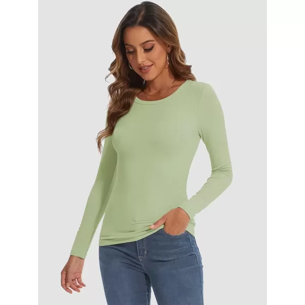 imageATHMILE Womens Long Sleeve Crewneck Ribbed Tops Fitted Stretch Casual Basic T Shirts 2024Mint Green